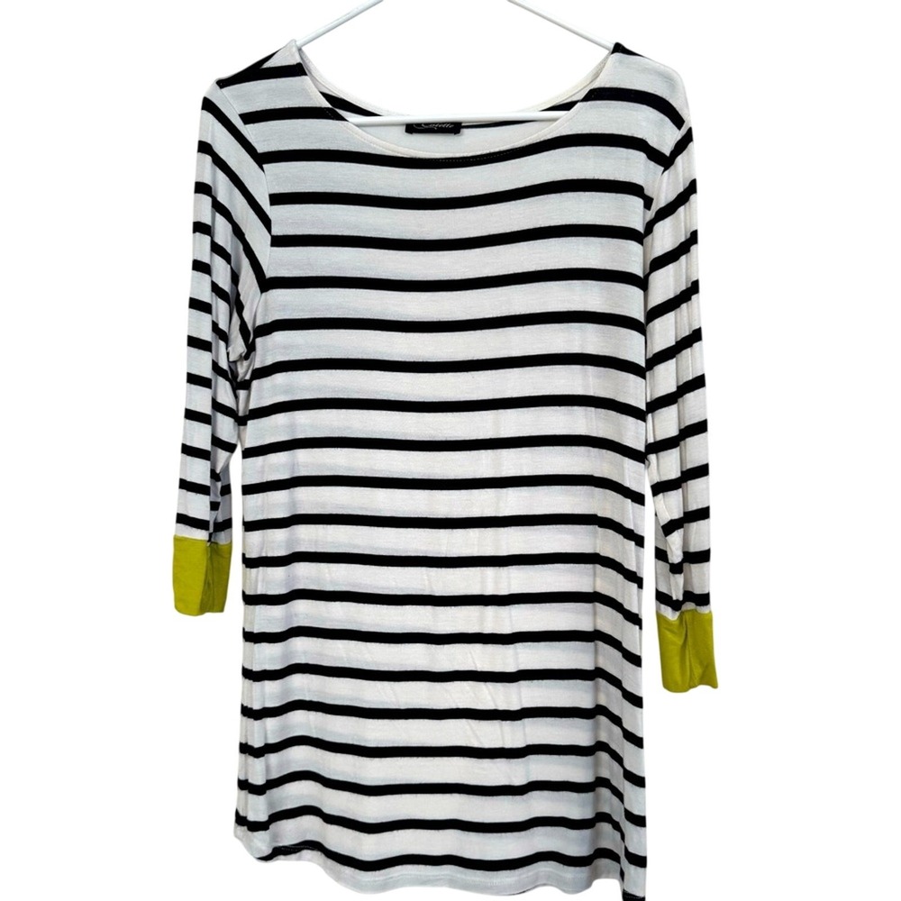 Colette Women's Boatneck Black/White Stripe 3/4 Sleeve Large w/Neon Green Accent